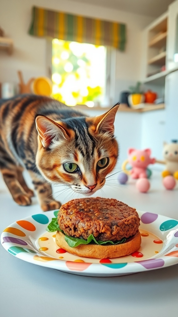 A cat looking at a homemade hamburger patty on a plate, surrounded by a cozy kitchen.